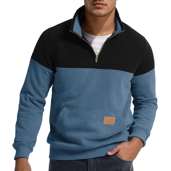 Mens Sweatshirt Stand Collar Colorblock Half Zip Relaxed Fit Hoodless Pullover for Fall Winter