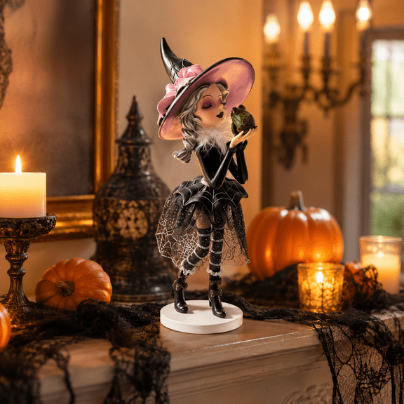 Halloween Kissing Witch Figurine with Frog Pink Hat Tabletop Statue Black Mesh Skirt Decor for Mantel Shelf Entryway Indoor Display