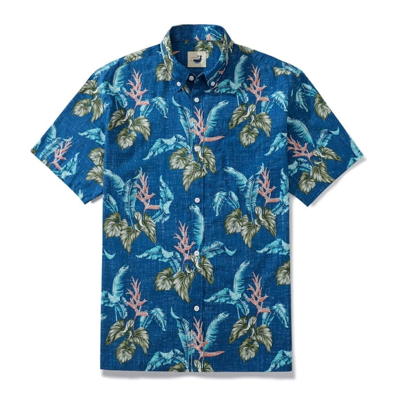 YIUME Dark Blue Banana Leaf Taro Leaf Hand Painted Floral 100% Cotton Men's Button-Down Shirt