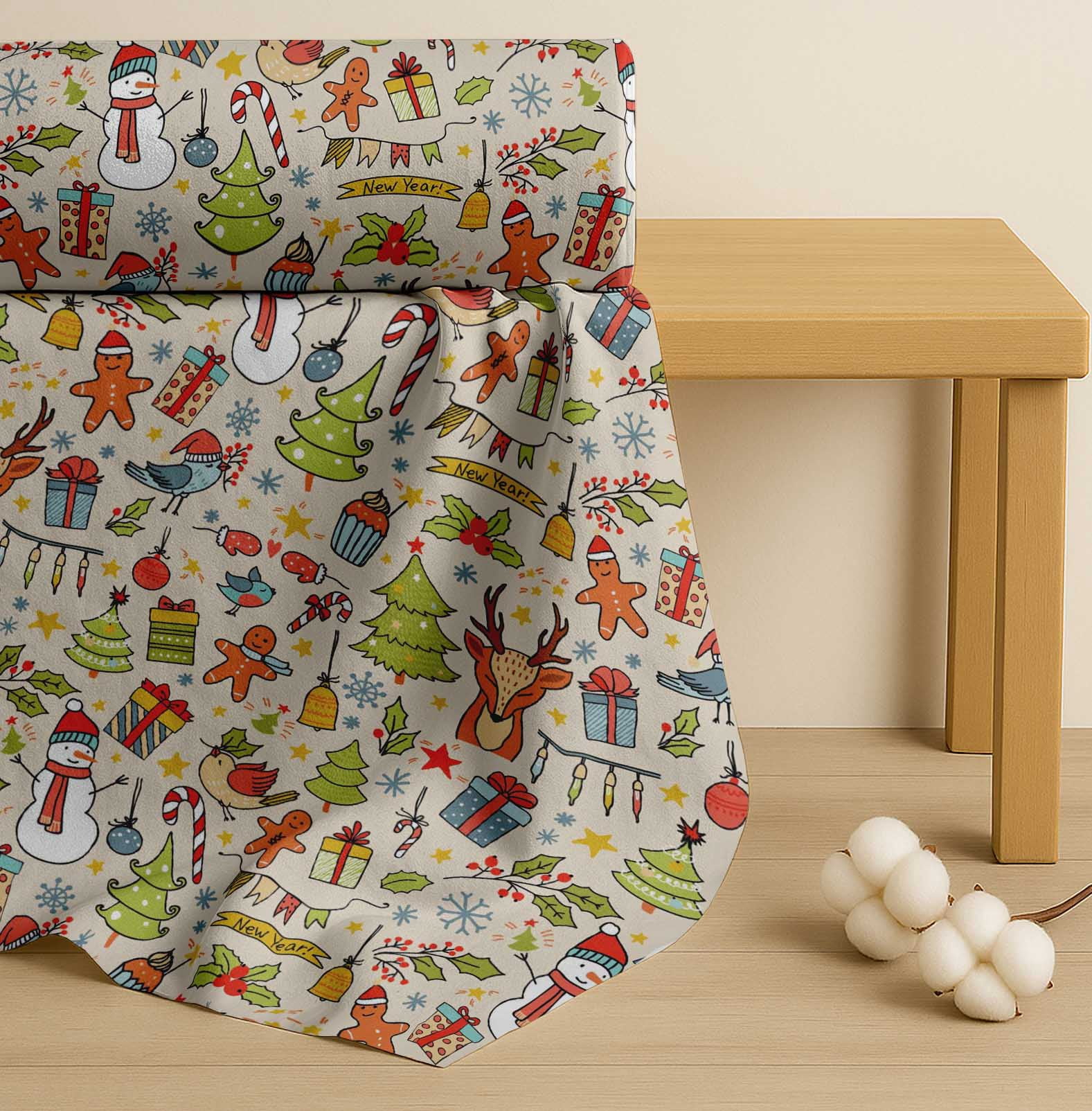 Soimoi Cotton Poplin Fabric Gift Box,Snowman & Tree Christmas Printed Fabric 1 Yard 42 Inch Wide
