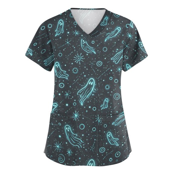ASDFVBKG Women Halloween Plus Size Scrubs Top Short Sleeve V Neck Nursing Uniform Pocket Vintage Skull Print 2026 Casual Workwear Scrub Tops Gray 3XL