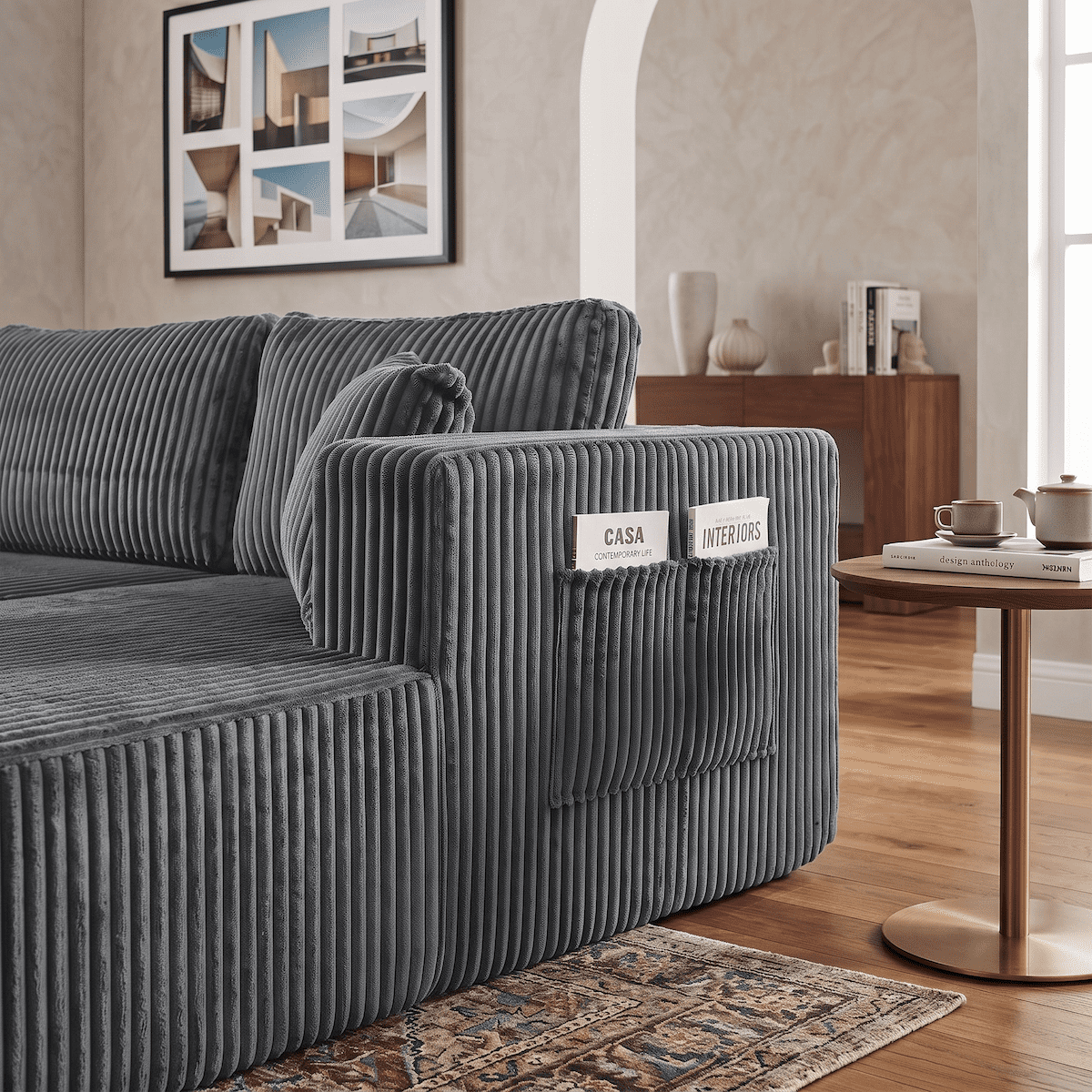 132" Cloud Couch Modular Sectional Sofa, U Shaped Sleeper Sofa Bed, Oversized Chaise, Reversible Corduroy Modular Couch for Living Room, Apartment, No Assembly (Dark Gray)