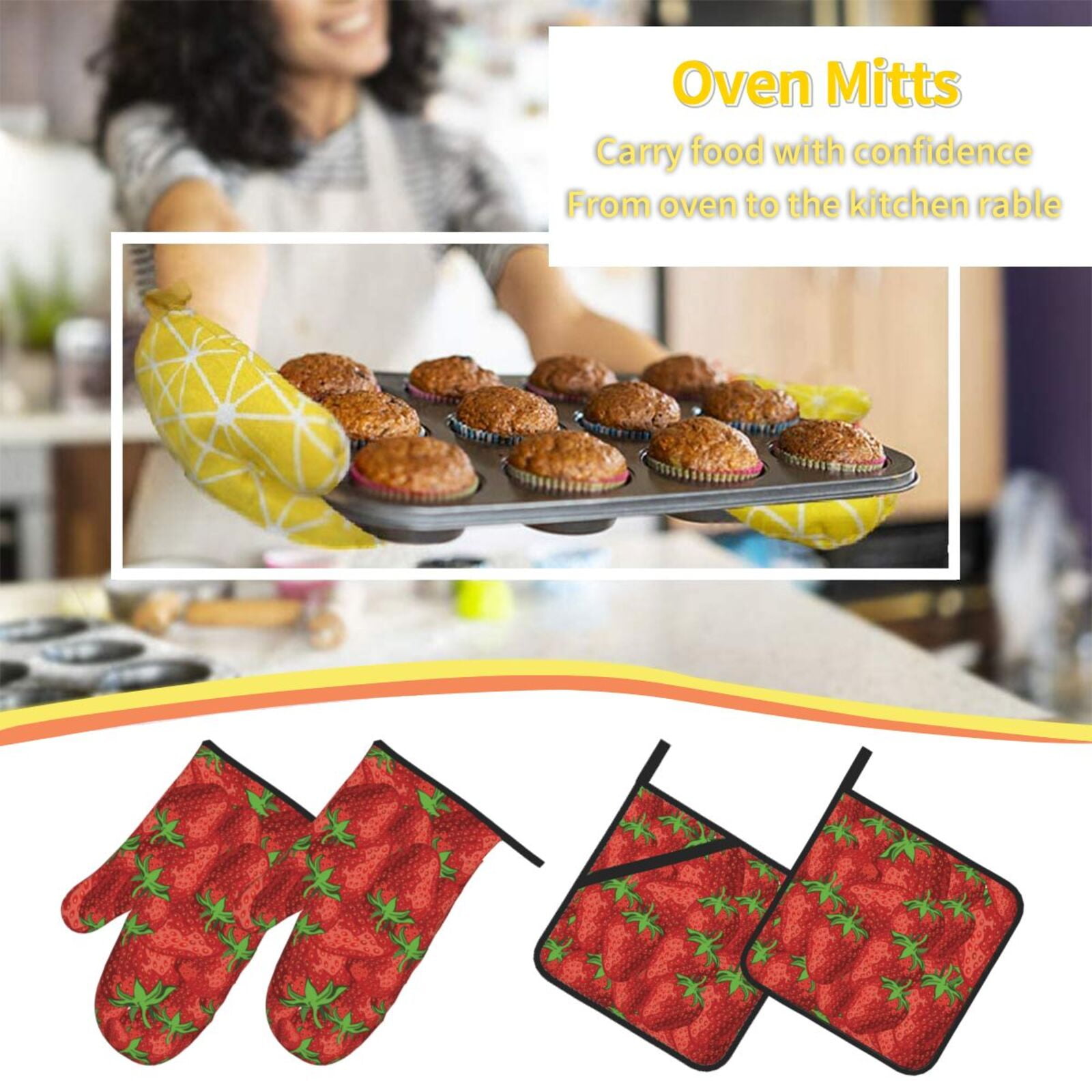 Strawberries Cute Strawberry 4Pcs Oven Mitts and Pot Holders Sets Oven Kitchen Gloves Hot Pads for Cooking BBQ Baking Grilling
