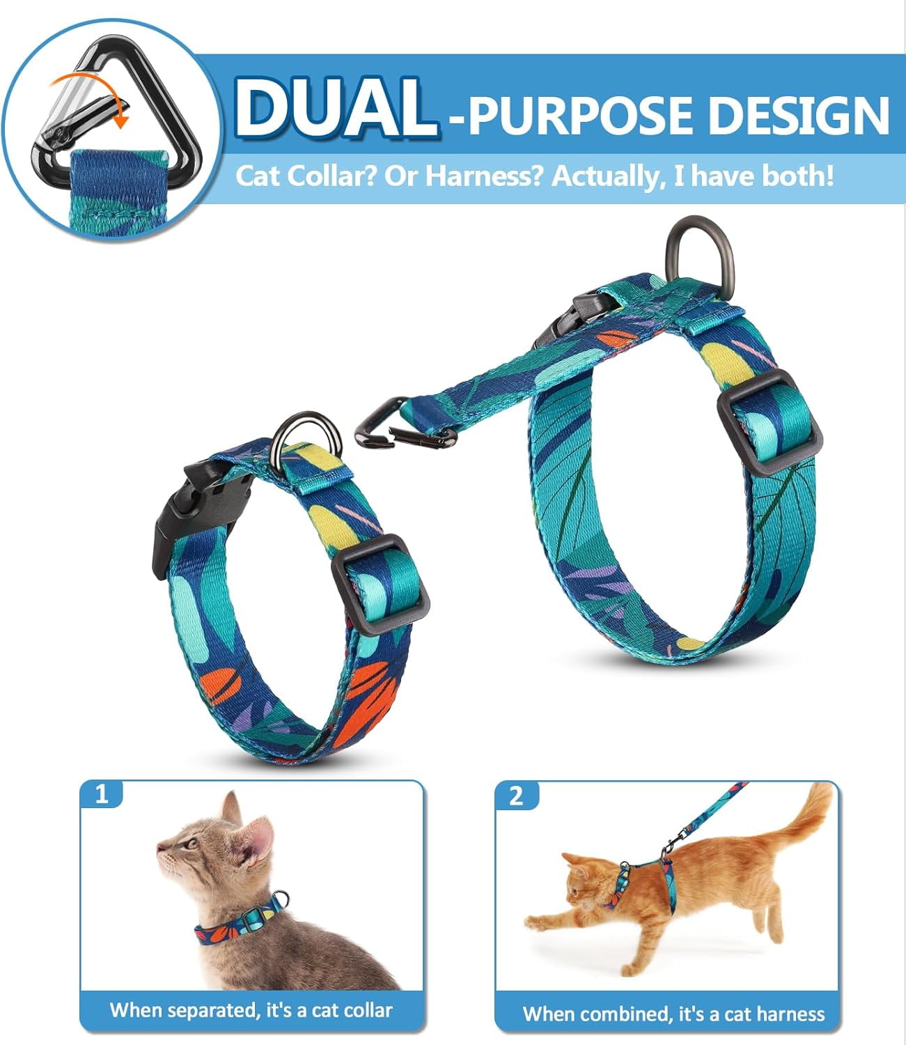 Cat Harness and Leash Set, 3-in-1 Adjustable & Lightweight, Escape-Proof, Comfortable Soft Kitten Harness for Large Cats, Safe, Easy to Wear, Outdoor Walking Travel-M
