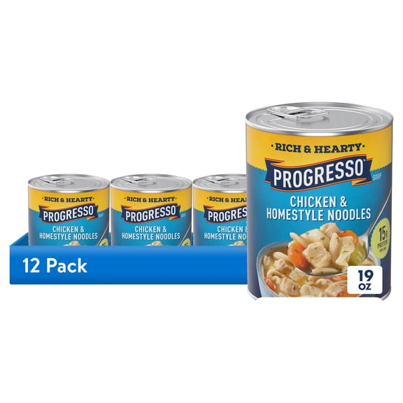 (12 pack) Progresso Rich and Hearty Chicken and Homestyle Noodles Canned Soup, 19 oz