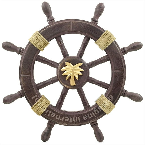 Artifact Stlye Painted Wooden Ship Wheels 18" w/ Rope Palm Tree Motiff Center Navy Wheel for a boat - Nagina International