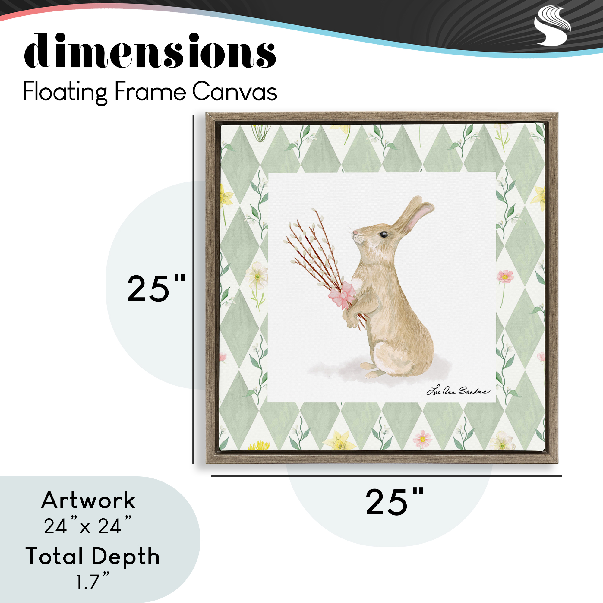 Bouquet Bunny on Green Argyle Brown Framed Floater Canvas Wall Art, design by Lee Ann Sanders