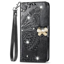 Allytech Galaxy Note 20 Case with Shiny Rhinestone, Shockproof PU Leather Retro 3D Butterfly Embossed Wallet Flip Case Magnetic Stand with Card Slot Folio Cover for Samsung Galaxy Note 20,Black