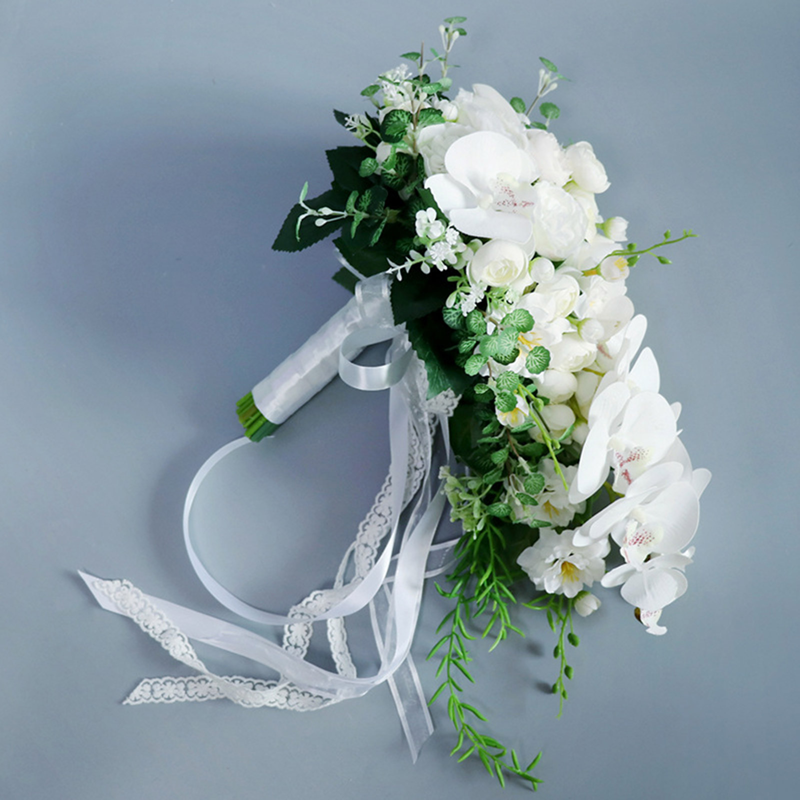 HESITONE Wedding Cascading Bridal Bouquet Artificial for Butterfly Orchid Water Drop Style Waterfalls Bridesmaid Holding Flower D