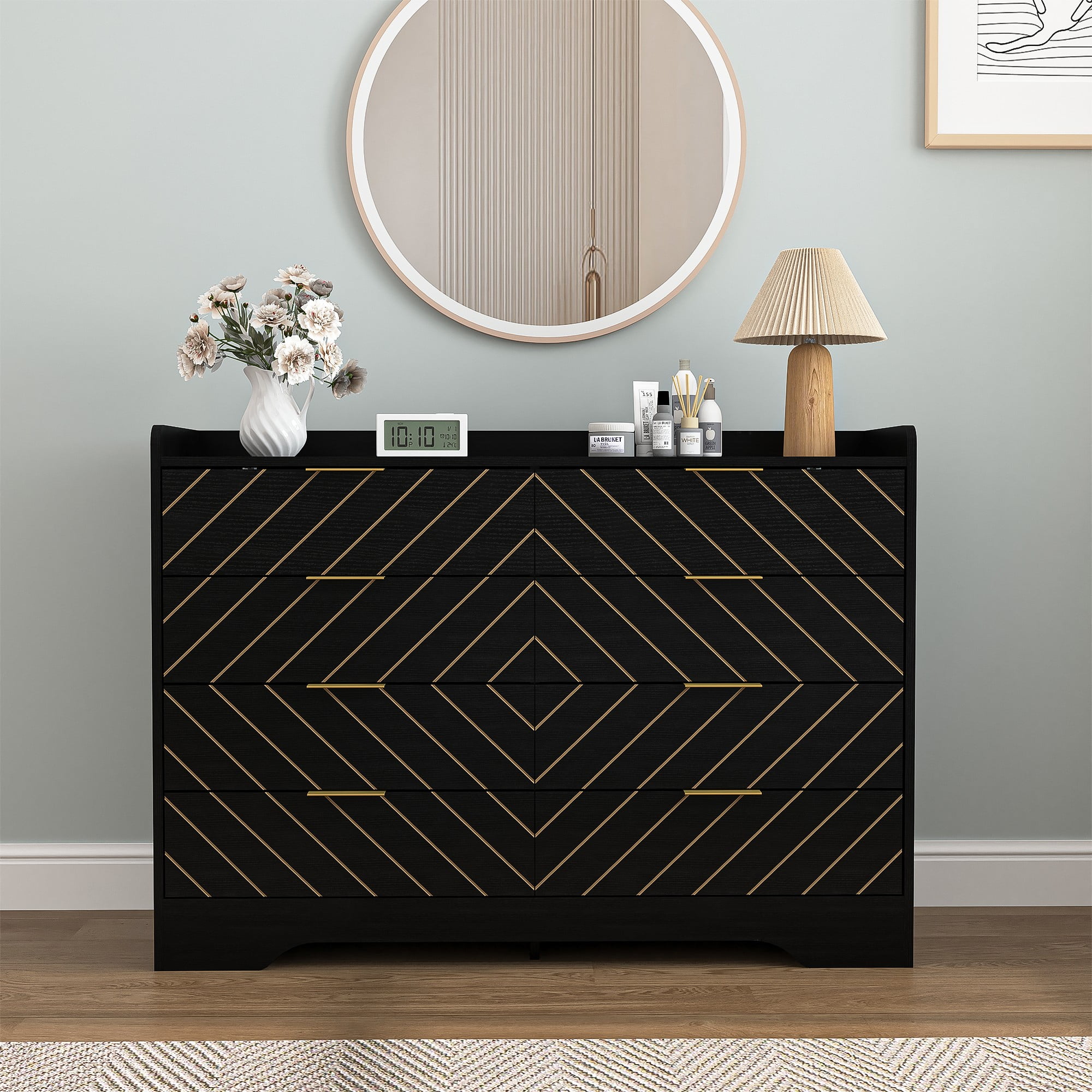 Finihen Modern 8 Drawer Dresser, Wood Chest of Drawers Storage Organizer with Metal Gold Handles for Bedroom, Living Room, Hallway, Entryway, Black Finihen Modern 8 Drawer Dresser, Wood Chest of Drawers Storage Organizer with Metal Gold Handles for Bedroom, Living Room, Hallway, Entryway, Black