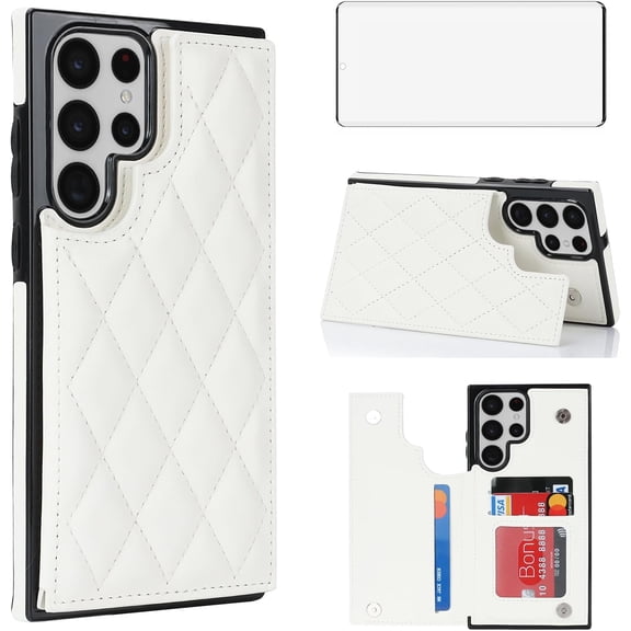 Phone Case for Samsung Galaxy S21 Ultra 5G Wallet Cover with Tempered Glass Screen Protector and Leather RFID Card Holder Stand Cell Accessories S21ultra 21S S 21 21ultra G5 Women Men White