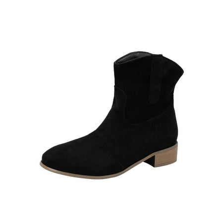 

Women s Simple And Stylish Flock Round Toe Heels Retro Solid Color Middle High Boots