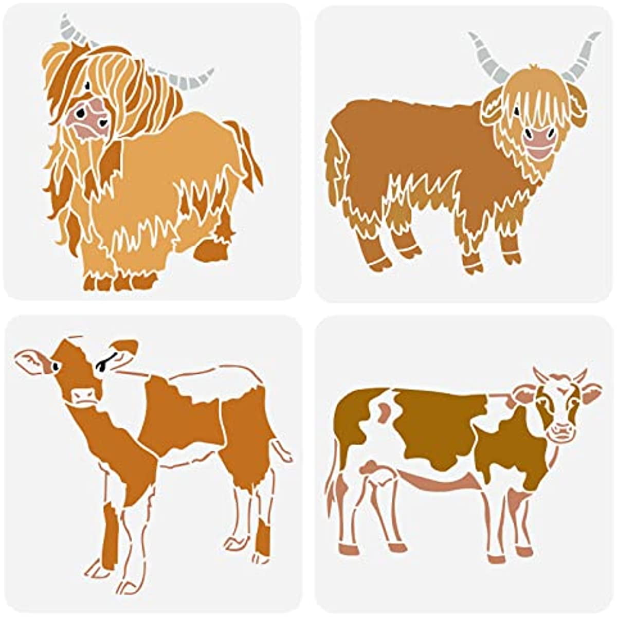 4 pcs Farm Animal Stencil for Painting Reusable Highland Cow Drawing