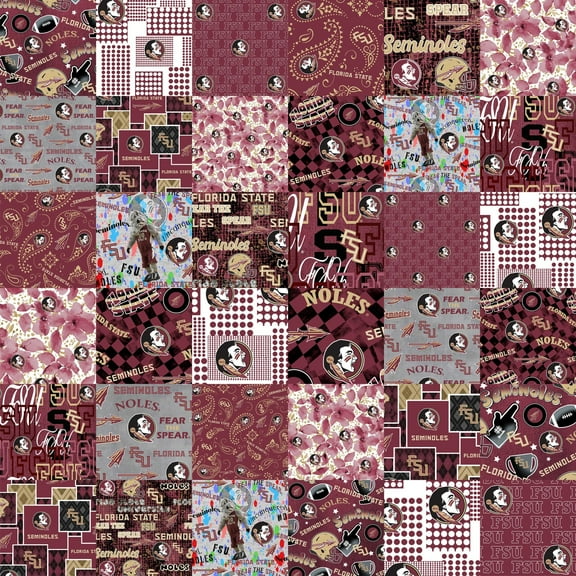 Official Licensed Florida State University Cheater Quilt Printed Cotton Fabric-FSU Seminoles Cotton Fabric with Patchwork Cheater Quilt Print-60Â” Width