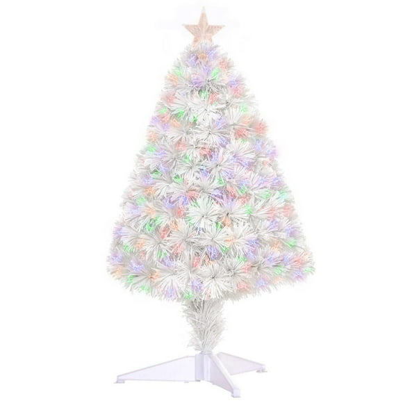 HOMCOM 2.5FT Prelit Artificial Tabletop Christmas Tree with Fiber Optics Holiday Home Xmas Decoration for Table and Desk White