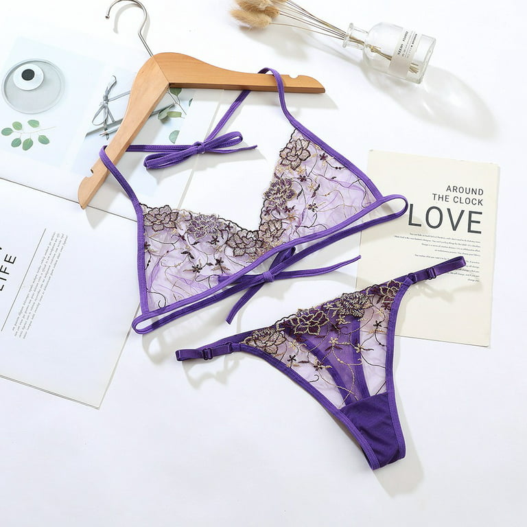 ALSLIAO Women Sexy Lace Sheer Bra Set Ultra-Thin Lingerie G-String Thong  Night Underwear Purple L