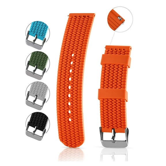 Silicone Replacement Watch Band - Quick Release Soft Rubber Strap - Waterproof, Textured Tire Pattern (24mm, Orange)