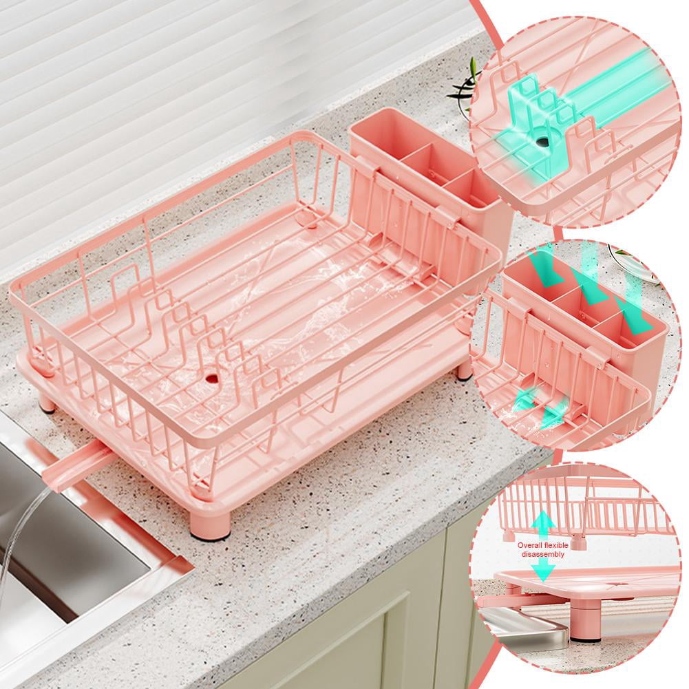 QHUDLV Pink Dish Drying Rack, Dish Drainer Rack with Drip Tray, Sink Dish Drainer with Drainage Spout, Stainless Steel Dish Drying Rack with Cups, for Mom Grandma Wife Kitchen Enthusiasts