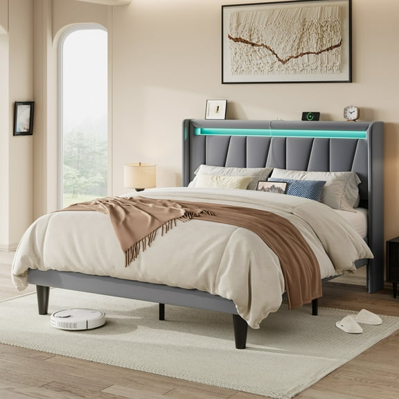 Allewie Queen Size LED Bed Frame with Charging Station, Velvet Upholstered Platform Bed with Geometric Wingback Headboard, Grey