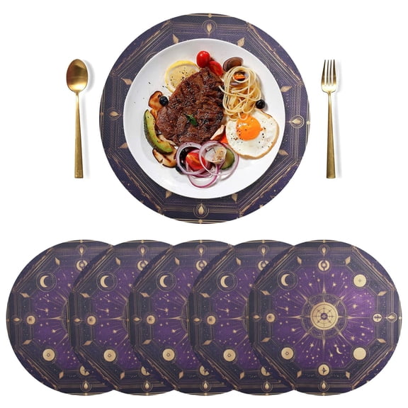 Round Placemats Plate Mats 15 Inch Non-Slip Heat Resistant Washable PVC Set Table Decoration for Kitchen Dining Purple Celestial Octagon Pattern