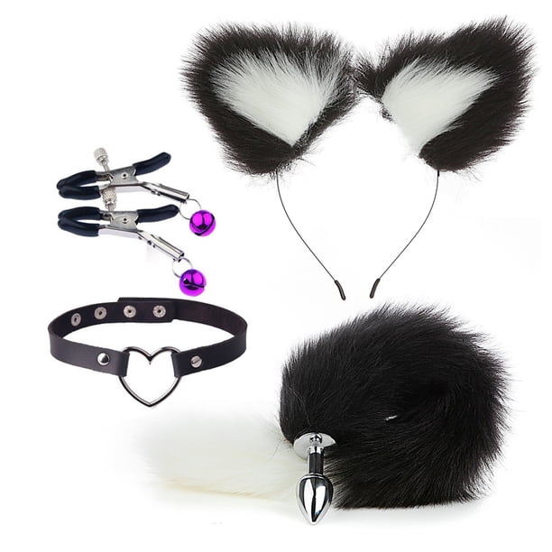 sexuales sm metal sexy traje cola de zorro cuatro piezas plata pequeña cola negra punta blanca + oreja blanca punta negra + negro a menudo clip de campana Ziling + cuero negro cuero clásico Zefei Wu 1327537357490