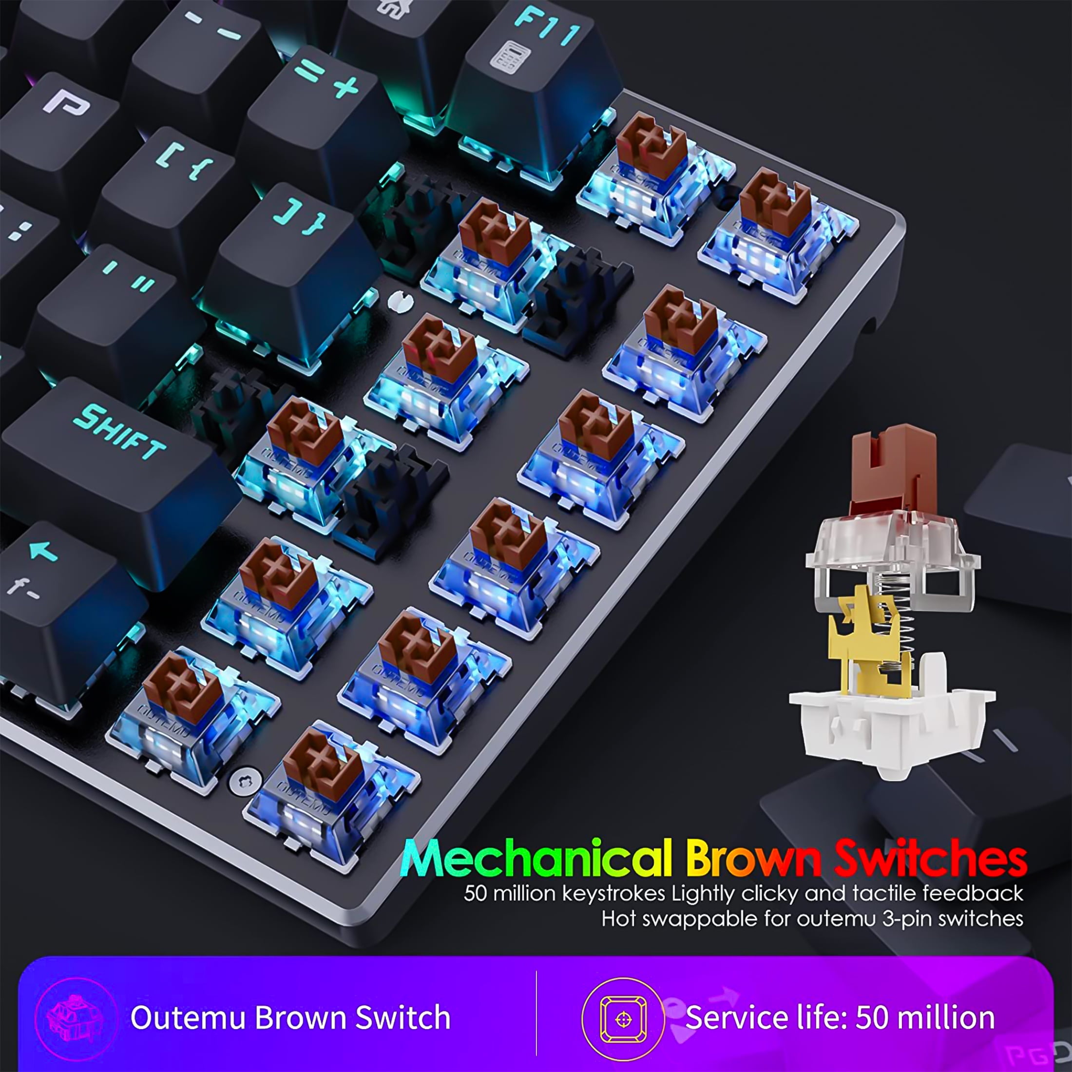 HUO JI E-Yooso Z-88 RGB Mechanical Gaming Keyboard, Metal Panel, Brown Switches, Compact 81 Keys Hot Swappable for Mac, PC, Black