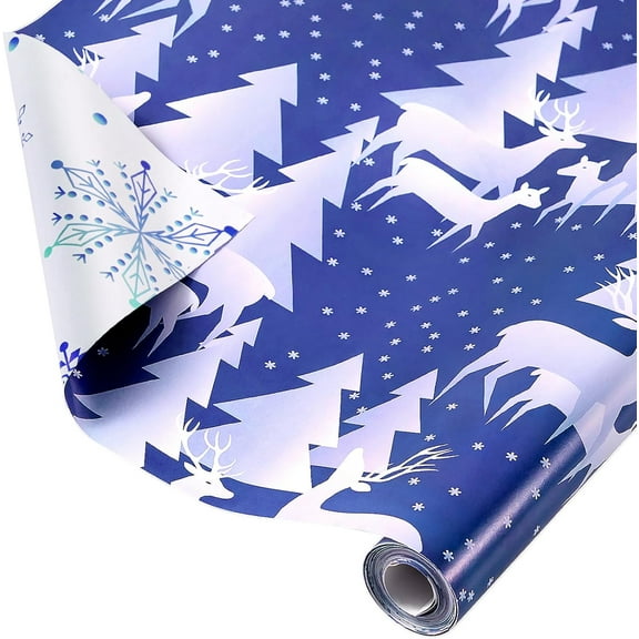 Blue Christmas Wrapping Paper Rolls,Vintage Aesthetic Elegant Neutral Gift Wrap,Pattern with Reindeer, Christmas tree and snowflake,Reversible,Total 28.5sq.ft