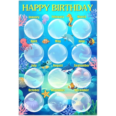 1 Set Happy Birthday Chart Birthday Month Poster Paper Reusable Sea Ocean Animals Bulletin Boards Calendar Chart with 10Pcs Seamless Double Sided Adhesive for Classroom Decorations Back to School