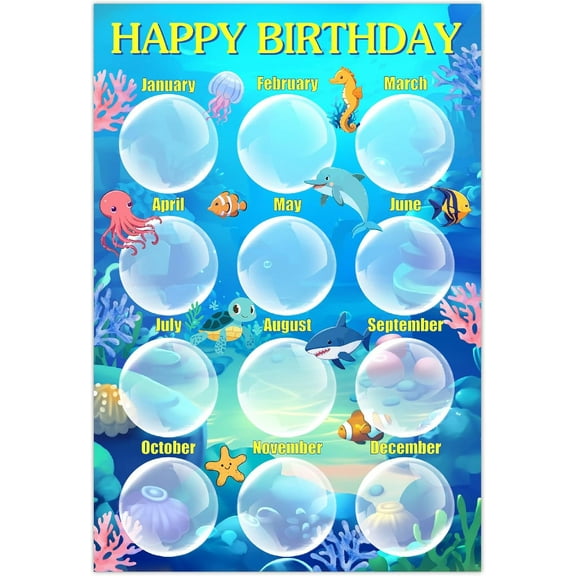 1 Set Happy Birthday Chart Birthday Month Poster Paper Reusable Sea Ocean Animals Bulletin Boards Calendar Chart with 10Pcs Seamless Double Sided Adhesive for Classroom Decorations Back to School
