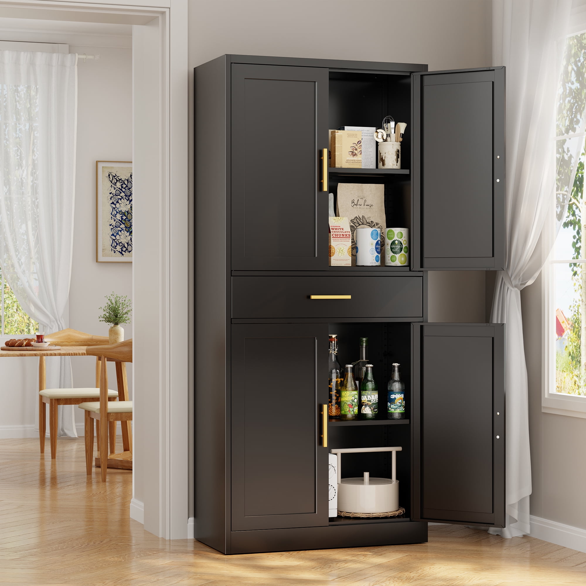 Metal Kitchen Pantry Cabinet, 71"Tall Cabinet with 1 Drawer, Doors and 2 Adjustable Shelves, Pantry Cabinets for Kitchen Storage, Metal Storage Cabinet for Kitchen, Dining Room, Living Room- Black