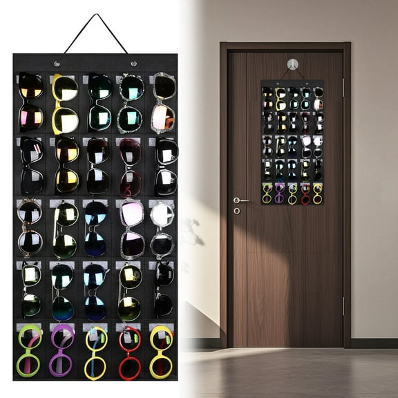 TSV Sunglasses Storage Organizer, Hanging Eyeglasses Wall Pocket Mounted, 25 Slots Sunglass Organizer Holder with Sturdy Rope