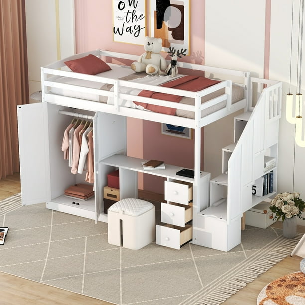 Bellemave Twin Size Loft Bed with Wardrobe and Staircase, Desk and ...