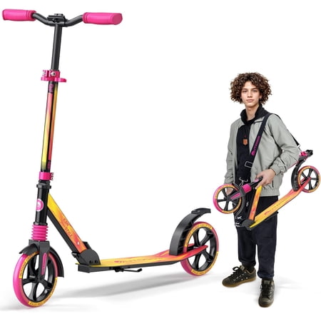 OutdoorCruiser Kick Scooter for Ages 6+, Kids, Teens & Adults, Foldable, Dual Suspension, 3-Level Adjustable Handlebar, Child Safety Approved, Yellow & Pink