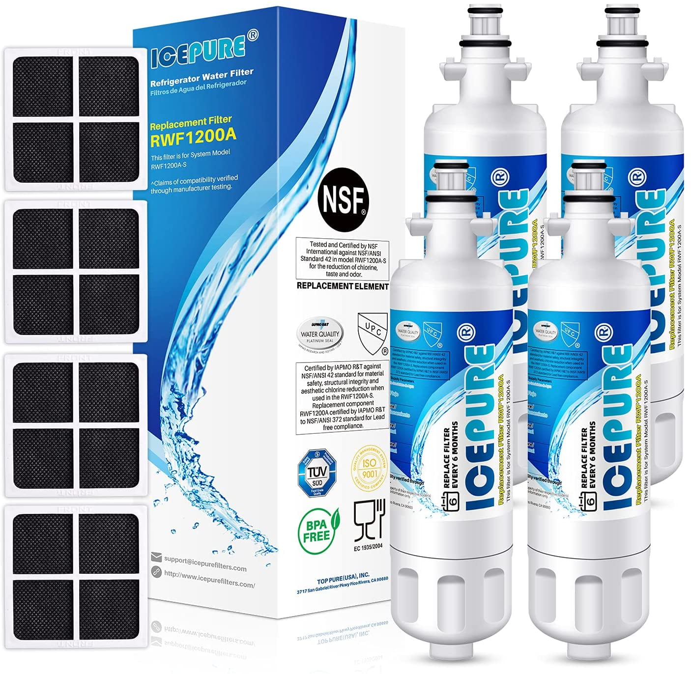 3 Pack 3 Golden IcePure RWF1200A Filters w/ Carbon Air Filter ICPAF004