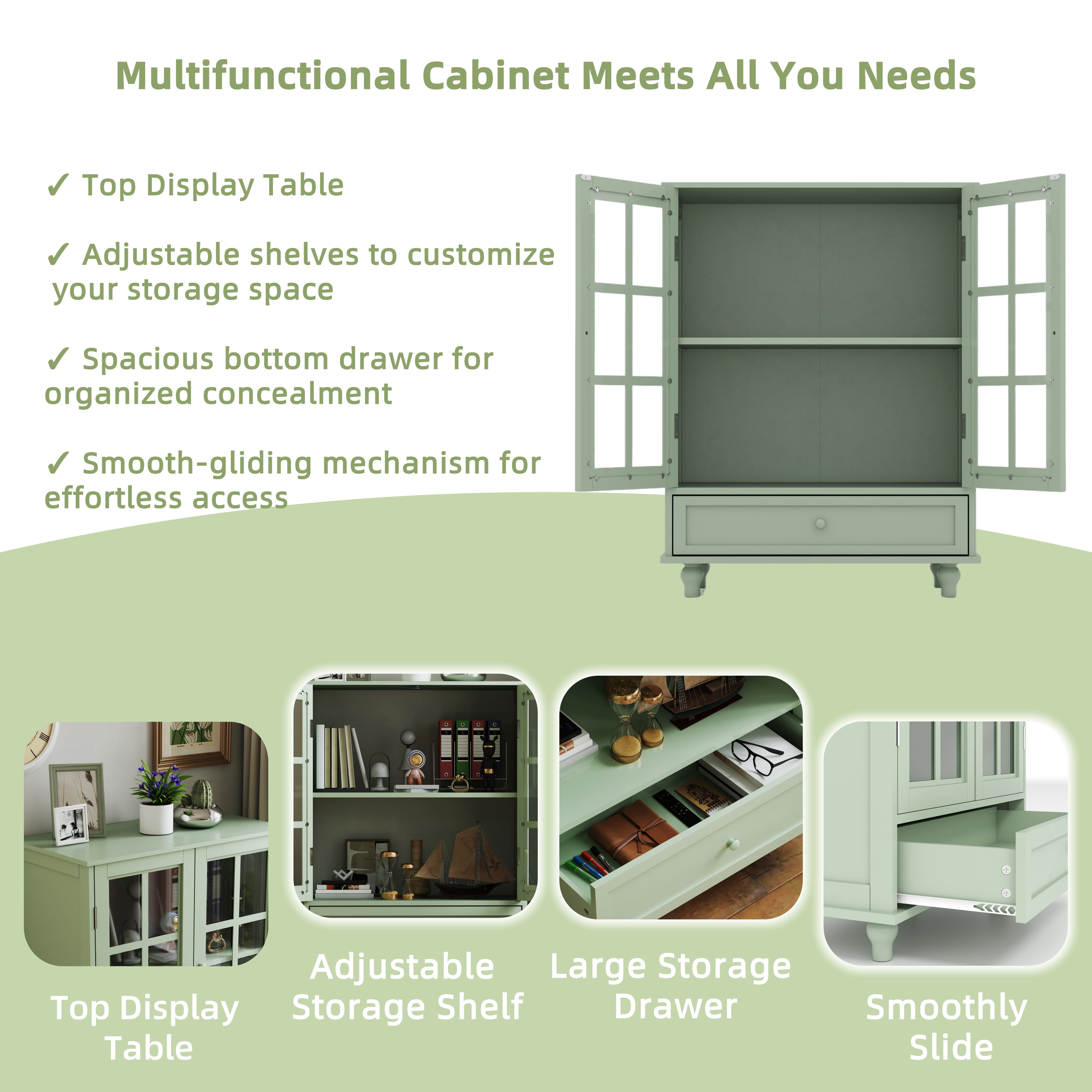 TrumanPick Sideboard Buffet Cabinet with Glass Doors & Drawer - 36" Kitchen Pantry Storage Cabinet for Dining Room, Living Room Coffee Bar, Green