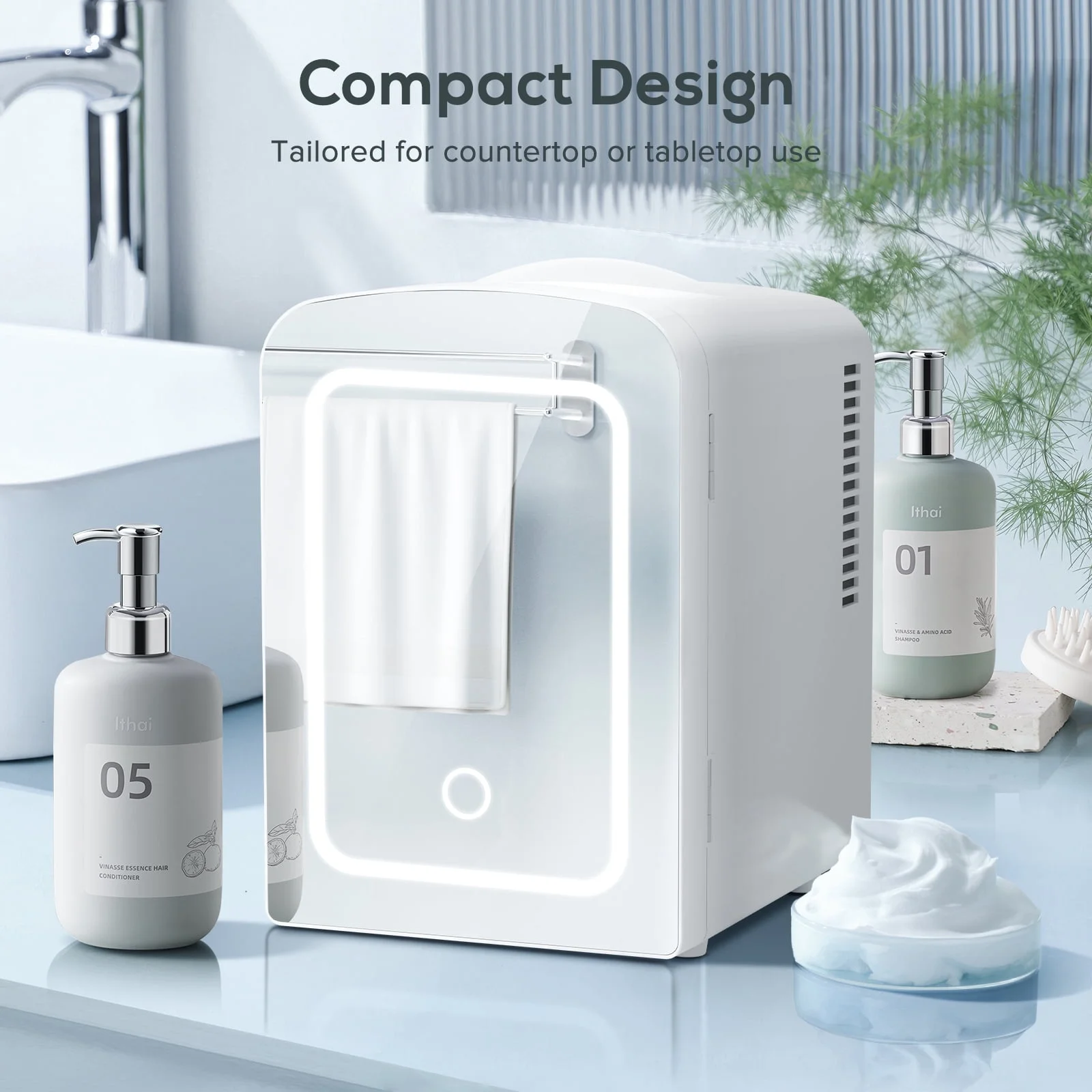 Auseo Mini Personal Fridge Cooler, LED Lighted Mirror, 4L Capacity Portable, Makeup and Skincare - AC/DC Refrigerator, Car, Office Desk & Dorm - Chills 6 Cans, White