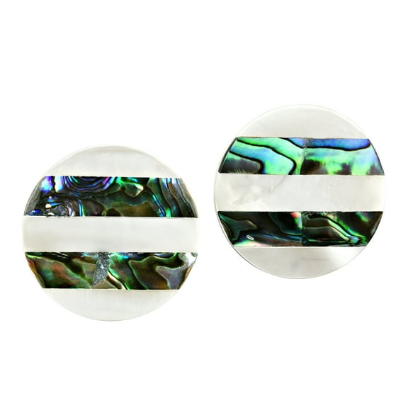 Iridescent Stripes White Kabibe and Abalone Shell Round Stud Earrings