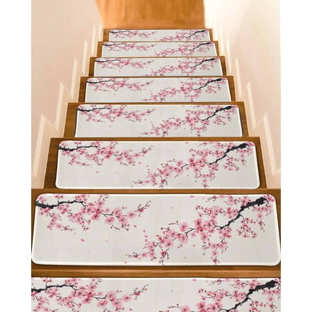 Cherry Blossoms Stair Treads for Wooden Steps Indoor Runner Rug Carpet Pink Flower Floral Spring Nature Country 15 Pieces Peel and Stick Staircase Step Treads Covers Washable Throw Door Mats 30 x8