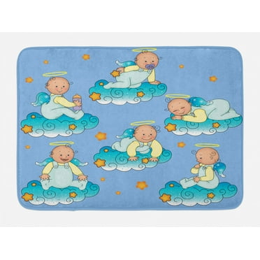 Religious Bath Mat, Sitting Sleeping Crawling Smiling Babies on Clouds Children Artwork, Non-Slip Plush Mat Bathroom Kitchen Laundry Room Decor, 29.5 X 17.5 Inches, Blue Yellow Turquoise, Ambesonne