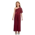 thumbnail image 1 of TiaoBug Girl's Ruffled One Shoulder Jumpsuit Shiny Pearls Beaded Wide Leg Pants One Piece Summer Outfits Burgundy 6, 1 of 5