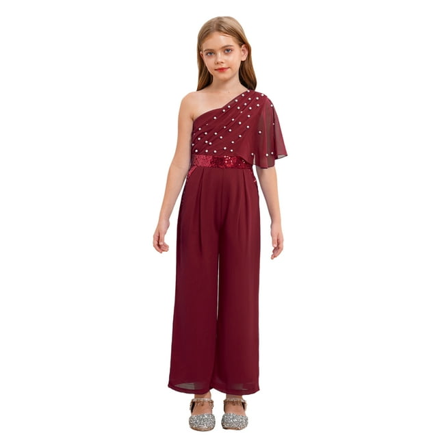 Sinleey Girls Ruffled Sequins Jumpsuit One Shoulder Wide Leg Long Pants Romper Wedding Prom Playsuit Burgundy 6