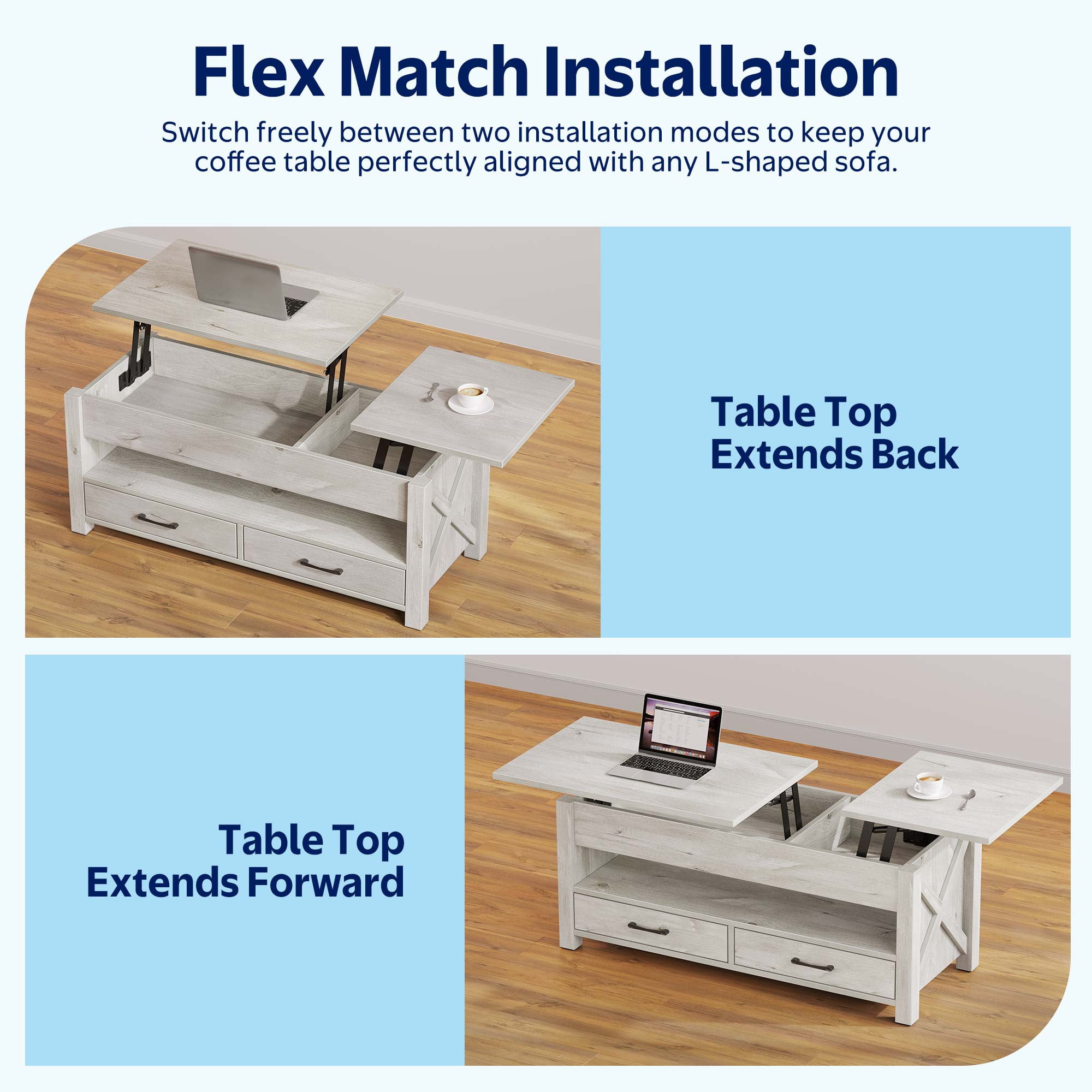Greenstell Lift-Top Storage Coffee Table - Modern Style with 2 Drawers, Hidden Compartment & Wooden Lift Tabletop - Gray - 44"