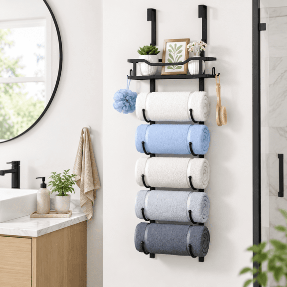 Black 6 Tier Over The Door Towel Rack Wall Mounted Storage Organizer