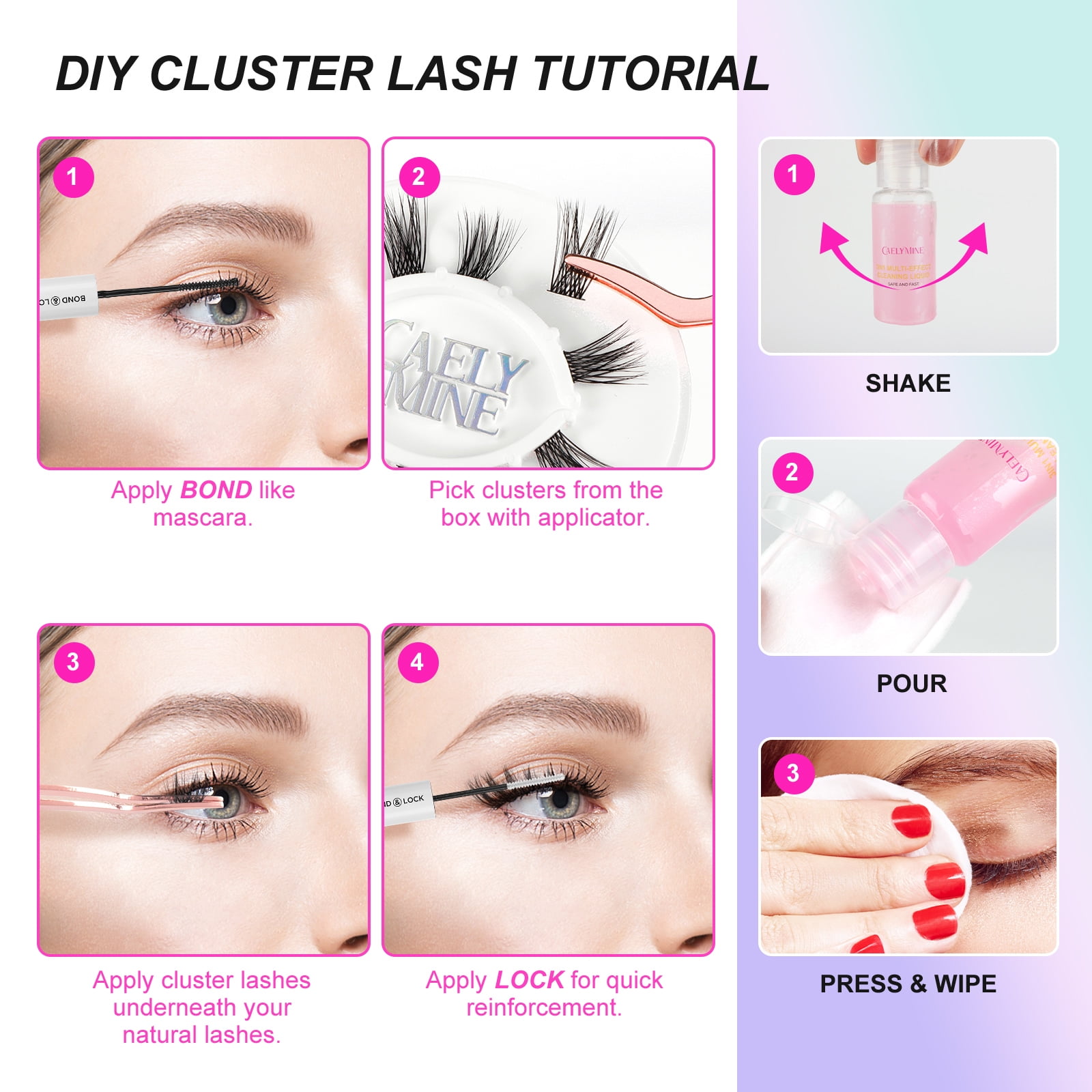 Cluster Eyelashes Bunches Kits Waterproof No Irritation Lash Bond Seal Lash Remover and Eyelash Applicator DIY Anime Volume Segmented Lashes Sets 804 MIX