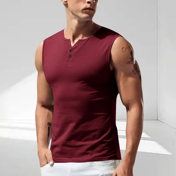 pstuiky Camisetas sin mangas para hombre, Top deportivo informal de malla de color sólido para hombre, transpirable, sin mangas, cuello redondo, medio botón Chaleco de hombre l