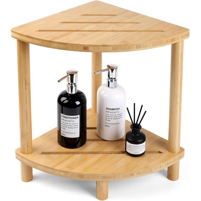 GUGIGIP Tabouret de Douche d'Angle en Bambou, Tabouret de Douche Imperméable pour l'Intérieur de la Douche Rasage des Jambes, Petits Espaces, Repose-Pieds de Douche avec Étagère de Rangement, Caddy de Banc de Douche d'Angle, Siège de Bain, Cadeaux pour Femmes Maman