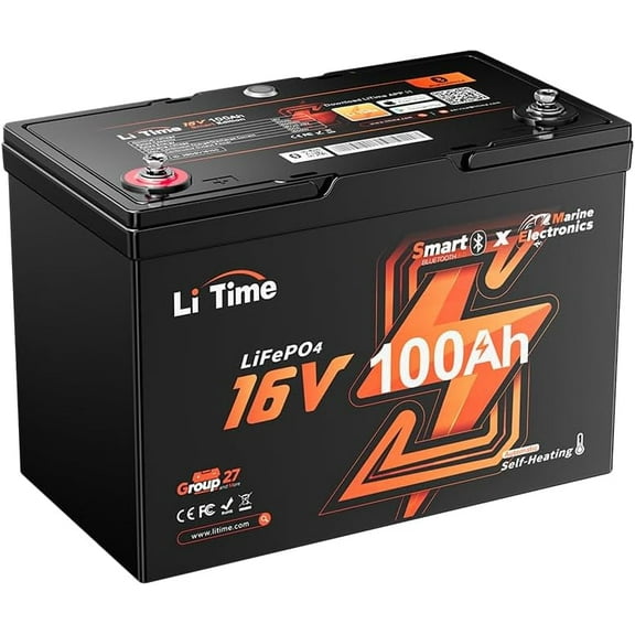 LiTime 16V 100Ah Fish Finder LiFePO4 Lithium Battery with Bluetooth 5.0 & Self Heating & Low-temp Protection, Built-in 100A BMS, 4000  Cycles, IP65, BCI Group 27, Perfect for Fish Finder Sonar Radar