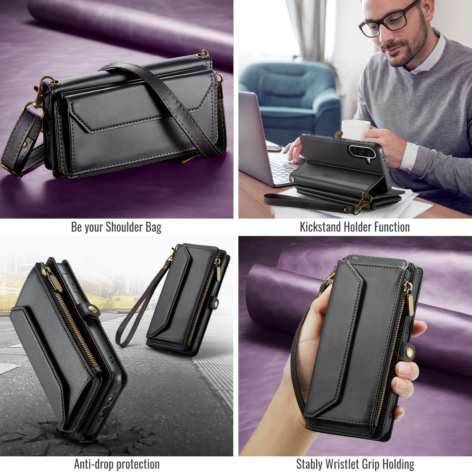 Asuwish Compatible with Samsung Galaxy A56 5G Zipper Wallet Phone Case Tempered Glass Screen Protector Crossbody Lanyard Strap Flip Card Holder Slot Cell Cover for A 56 56A LTE Women Girls Black
