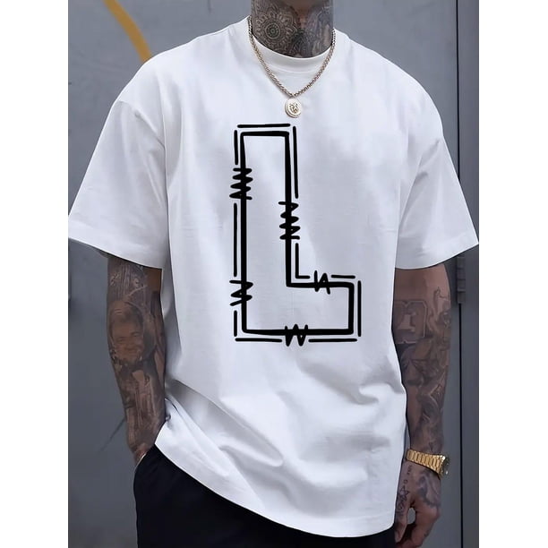 Camiseta de manga corta con cuello redondo para hombre, sencilla y elegante, con estampado de letra L, cómoda y transpirable, ideal para el tiempo libre en vacaciones de primavera y verano. Camisetas