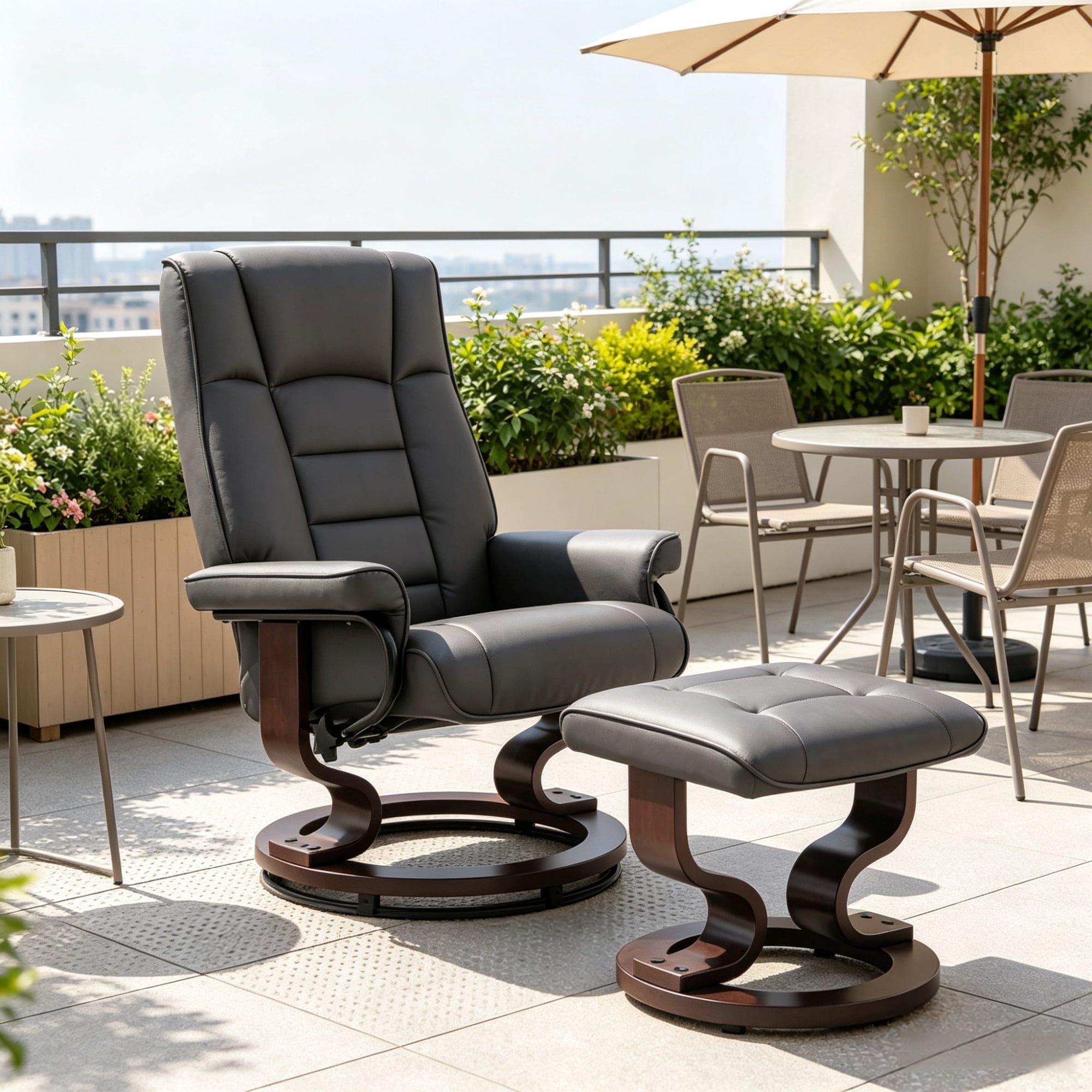 Faux Leather Reclining Chair with Ottoman, Manual Recliner with Tufted Back and Wood Frame, Brown
